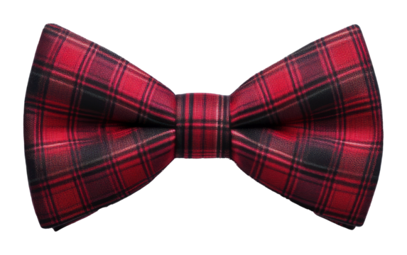 Red tartan bow tie with black accents on transparent background, formalwear concept