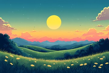 Obraz premium Vibrant Sunset Vector Landscape Illustration. Serene Nature Countryside