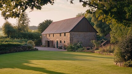 Obraz premium A Stone Barn Sits Amidst Lush Greenery Under a Warm Sunset
