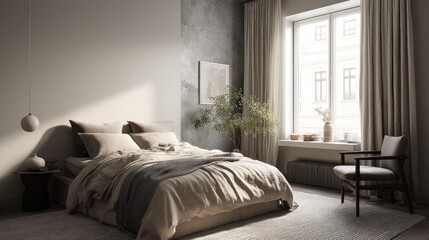 Minimal bedroom with grey tones and soft linen textures 