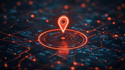 Futuristic Digital Map with Glowing Location Pin, Futuristic digital map with glowing red location pin and circuit-like design