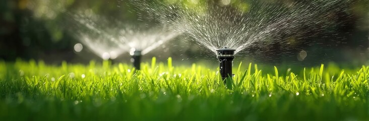 A sprinkler irrigating a lawn highlights sustainable landscaping. Ideal for gardening guides, eco-product ads, or park management. Symbolizes efficient resource use, growth