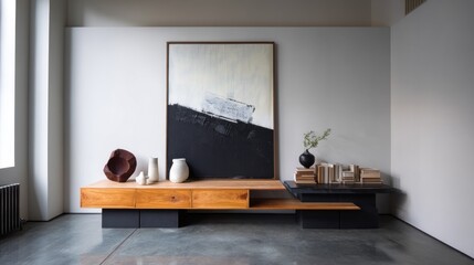 Minimal floating console with oversized art leaning above  