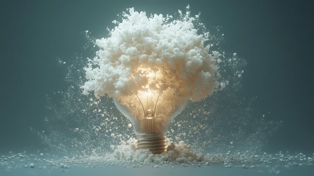A visual metaphor featuring an illuminated lightbulb bursting with ethereal clouds