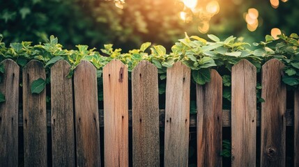 Fototapeta premium Wooden fence with greenery and a blurred background view