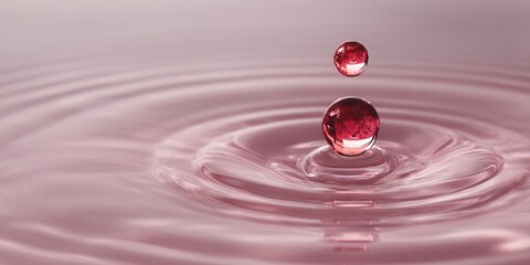 A red droplet impacting liquid captures fluid dynamics in macro photography. Applications include beauty product visuals, scientific illustrations, or artistic abstracts.