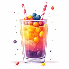 Colorful Summer Party Drink. Refreshing Fruit Beverage in Vibrant Glass with Straws