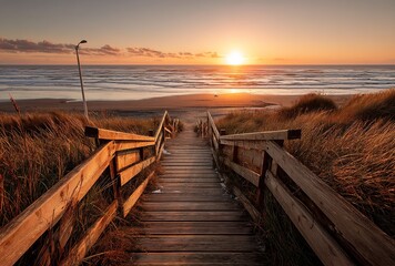 Fototapeta premium A sunset-lit boardwalk between sea and streetlamps merges coastal charm with urban planning. Ideal for travel guides, romantic visuals, or infrastructure projects