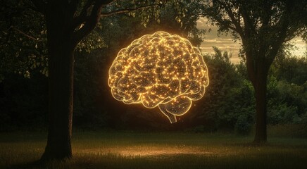 A glowing brain floats in a serene and natural environment