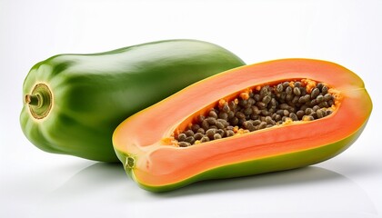 green papaya with slice and half isolated on white backgrond
