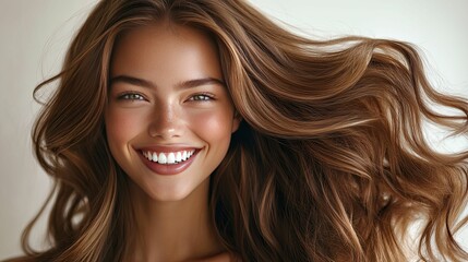 Fototapeta premium A radiant woman with vibrant, healthy, brown, wavy hair.