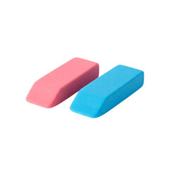 A pair of vibrant pink and blue erasers ready for creative adventures, showcasing their smooth textures and clean lines against a stark white background.