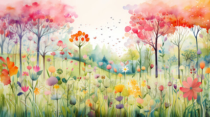 Obraz premium watercolor spring flowers and trees illustration background poster decorative painting