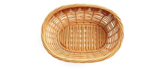 Fototapeta premium Empty woven shopping basket, top view, white background, top view, retail equipment
