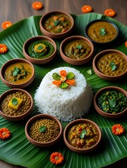 Traditional South Indian vegetarian thali served on a banana leaf with a central mound of rice and assorted colorful curries in clay bowls, garnished with coriander and flowers
