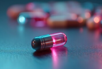 A neon-lit capsule represents pharmaceutical innovation. Used in medical ads, biotech reports, or health campaigns.