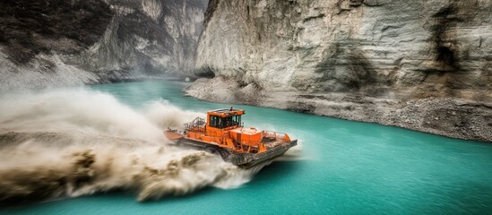 Vivid aqua river traversed by powerful orange boat amid monumental cliffs