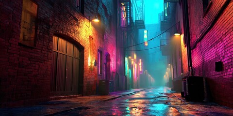 A misty urban alley with neon-lit brick walls and wet reflections evokes noir mystery. Ideal for film posters, game environments, or crime narratives.