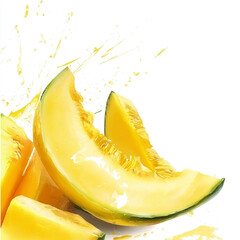 Fresh yellow melon slices with juice droplets on a white background in bright lighting