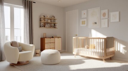 Minimalist nursery with neutral tones and soft forms. 