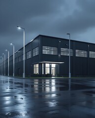 Obraz premium Modern industrial warehouse building with exterior lighting reflecting on a wet asphalt surface under a dark, cloudy sky at night, ideal for logistics or architectural concepts 