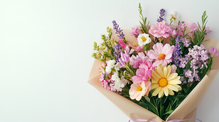 A beautiful bouquet of mixed flowers, wrapped in brown paper on a white background.