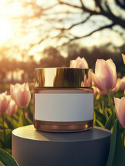 Cosmetic cream jar mockup among blooming tulips in a sunny garden setting
