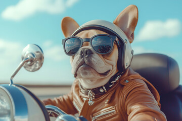 A French bulldog dressed in a leather jacket and helmet rides a motorcycle, enjoying a sunny day with clear skies.