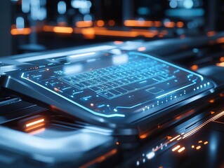 Obraz premium A closeup of a virtual keyboard projected onto a table in a futuristic office, Virtual Keyboard, Futuristic and sleek