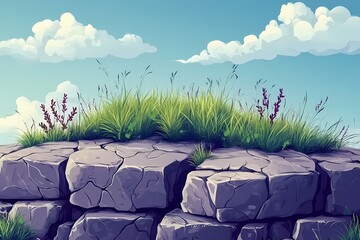 Fototapeta premium Vibrant Greenery and Rocky Terrain Under a Peaceful Cloudy Sky. Digital Art in an Idyllic Natural Environment