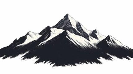 Black and White Mountain Range Illustration. Snow-Capped Peaks and Scenic Wilderness