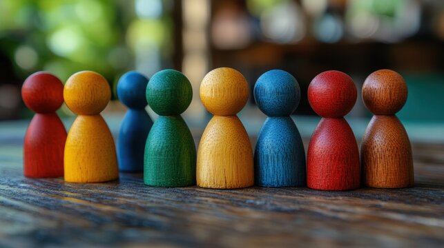 Colorful Wooden Figurines Representing Diversity and Teamwork