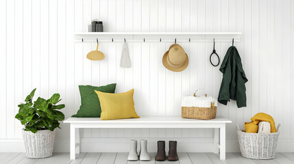 White Entryway Bench with Decorated Accessories