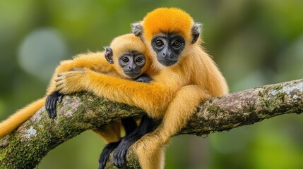 Naklejka premium Two adorable golden monkeys embracing on a weathered tree branch