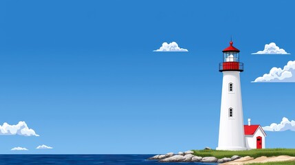Pixel Art Seascape White Lighthouse on Rocky Coast Under Blue Sky