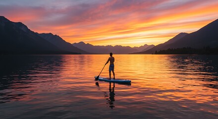 Man paddleboarding on a calm lake at sunset, wearing summer sportswear, mountains in the background