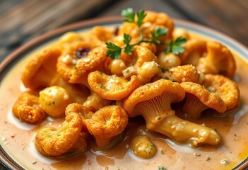 Golden-fried chanterelles in rich, creamy sauce, vegetarian, dish