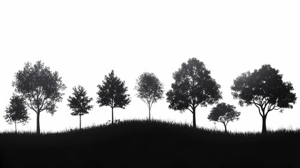 Minimalist Natural Scenic View. Black and White Tree Silhouettes Against a Tranquil Rural Skyline