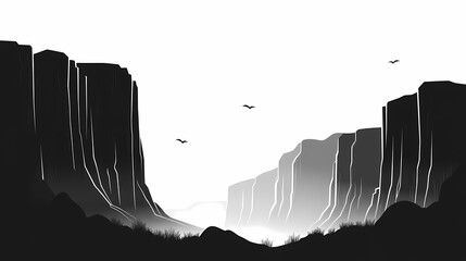Monochrome Landscape Vector Illustration. Silhouette Art of a Dramatic Canyon with Geometric Rocks and Silhouetted Mountains
