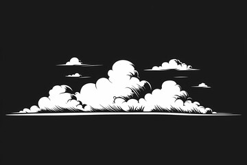 Modern Digital Art. Abstract Cloud Patterns on Dark Sky - Creative Graphic Design with White Fluffy Clouds & Minimalist Weather Motifs