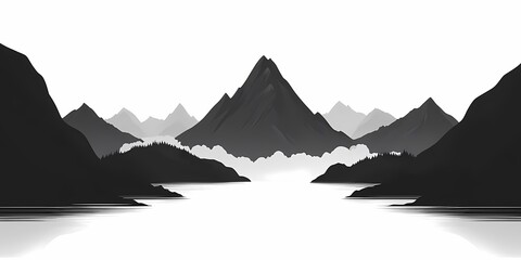 Minimalist Black and White Mountain Landscape. Natural Beauty Reflection in Serene Lake