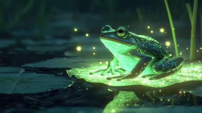 Enchanted pond guardian, A luminous frog amidst glowing fireflies