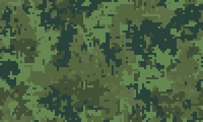 Abstract digital camouflage pattern.  Perfect for backgrounds, textures, or militarythemed designs.  The pixelated green and brown tones create a sense of concealment and mystery.