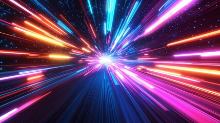 Obraz premium A vibrant, futuristic tunnel of neon light streaks radiates from a central point.