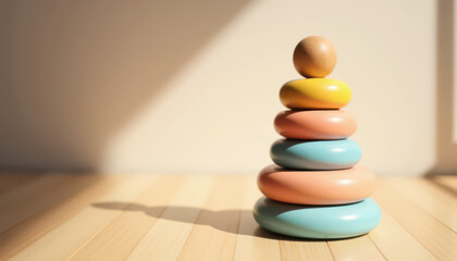 Stacked colorful wooden rings on wood floor