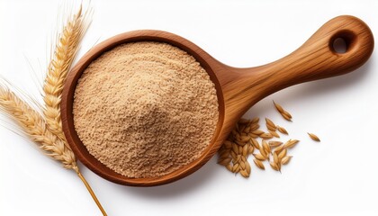 Spelt bran and grains with wooden spoon and wheat