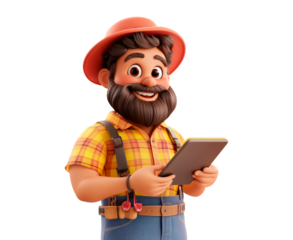 Happy cartoon farmer with beard holding a tablet transparent background
