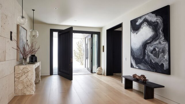 Modern entryway with large pivot door and monochrome artwork 