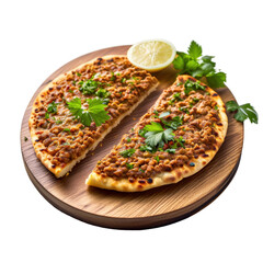 Delicious Homemade Lahmacun with Fresh Herbs and Lemon on a Wooden Board on transparent background