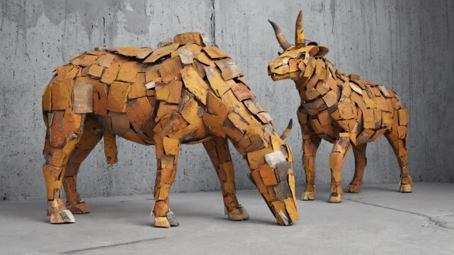 Abstract Antelope Sculpture Pair Crafted from Patchwork Tiles in Neutral Setting
